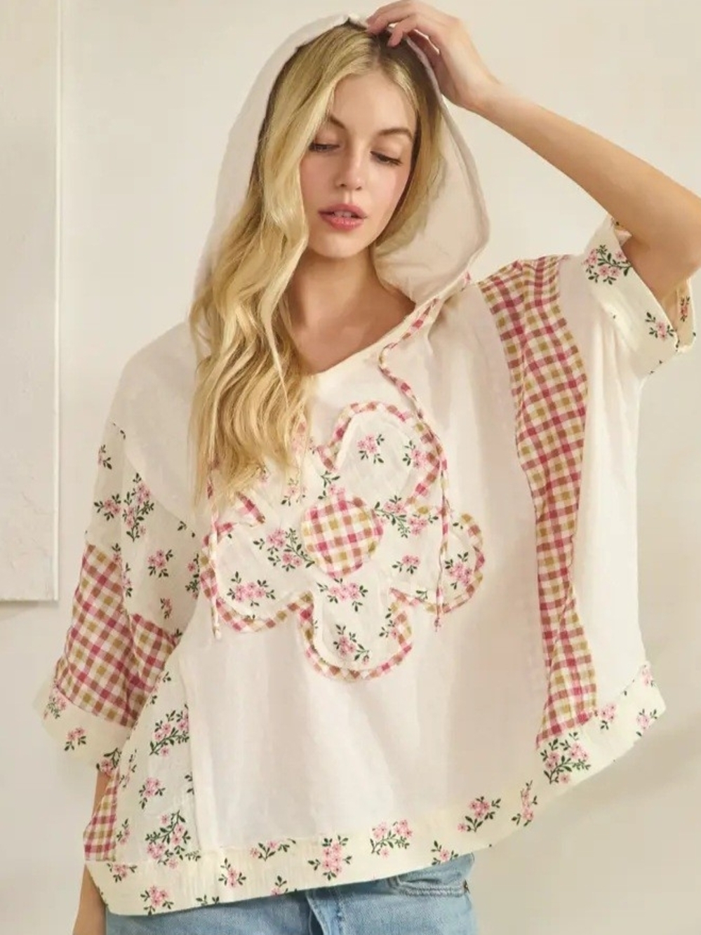 Floral Patchwork Hooded Pullover - Cream & Pink